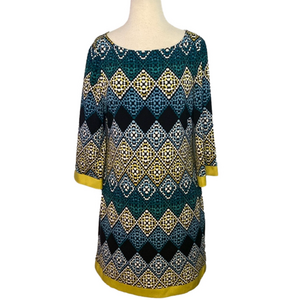 Jessica H Dress 3/4 Sleeve Diamond Print Blue Yellow 10
